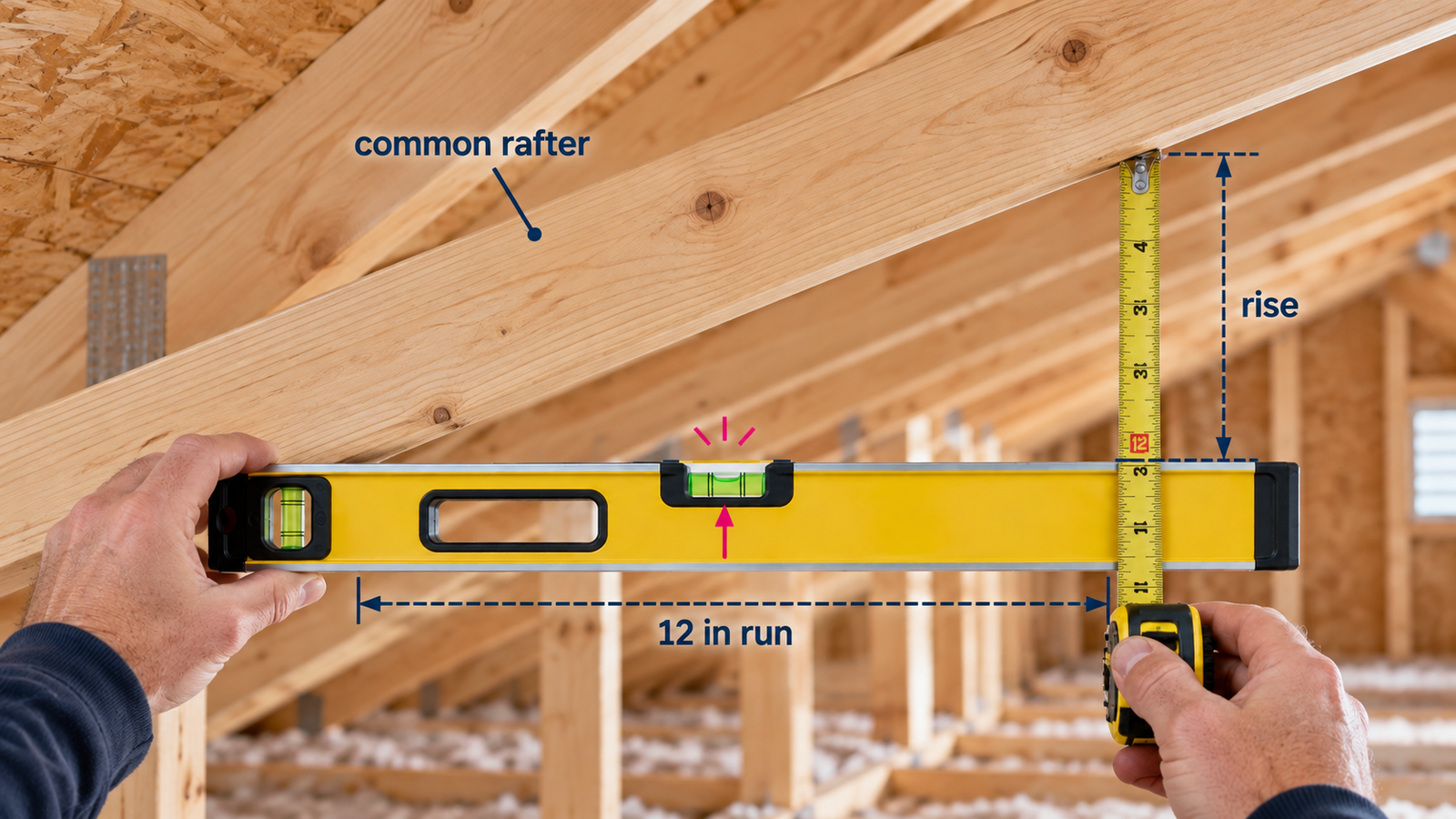 Measuring roof pitch from inside an attic against an exposed rafter
