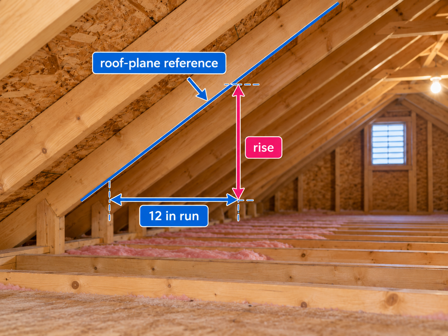 Attic rafter measurement showing a horizontal 12-inch reference, vertical rise measurement and the highlighted rafter used as the roof-plane reference