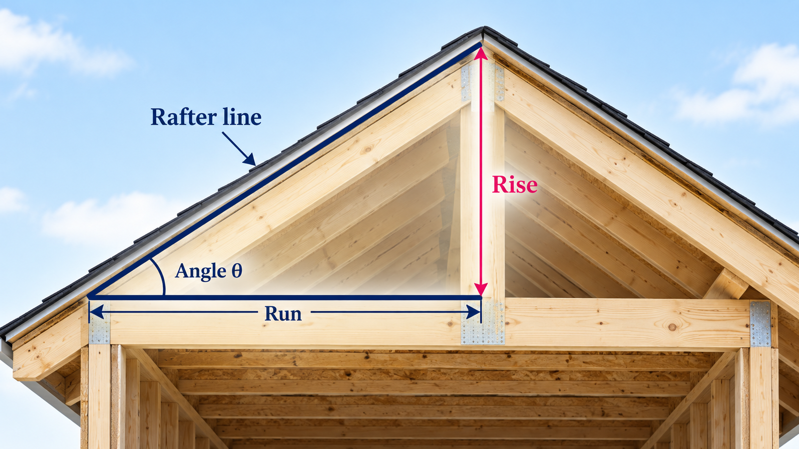 Roof pitch geometry showing rise, run, rafter line and roof angle