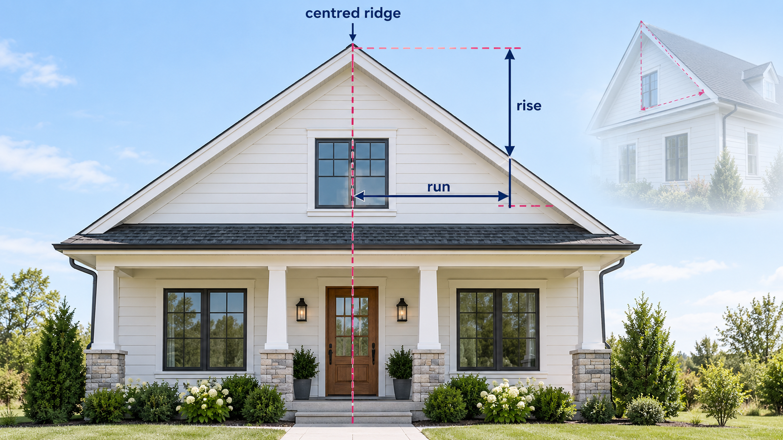 Gable roof showing horizontal run and vertical rise used to measure roof pitch