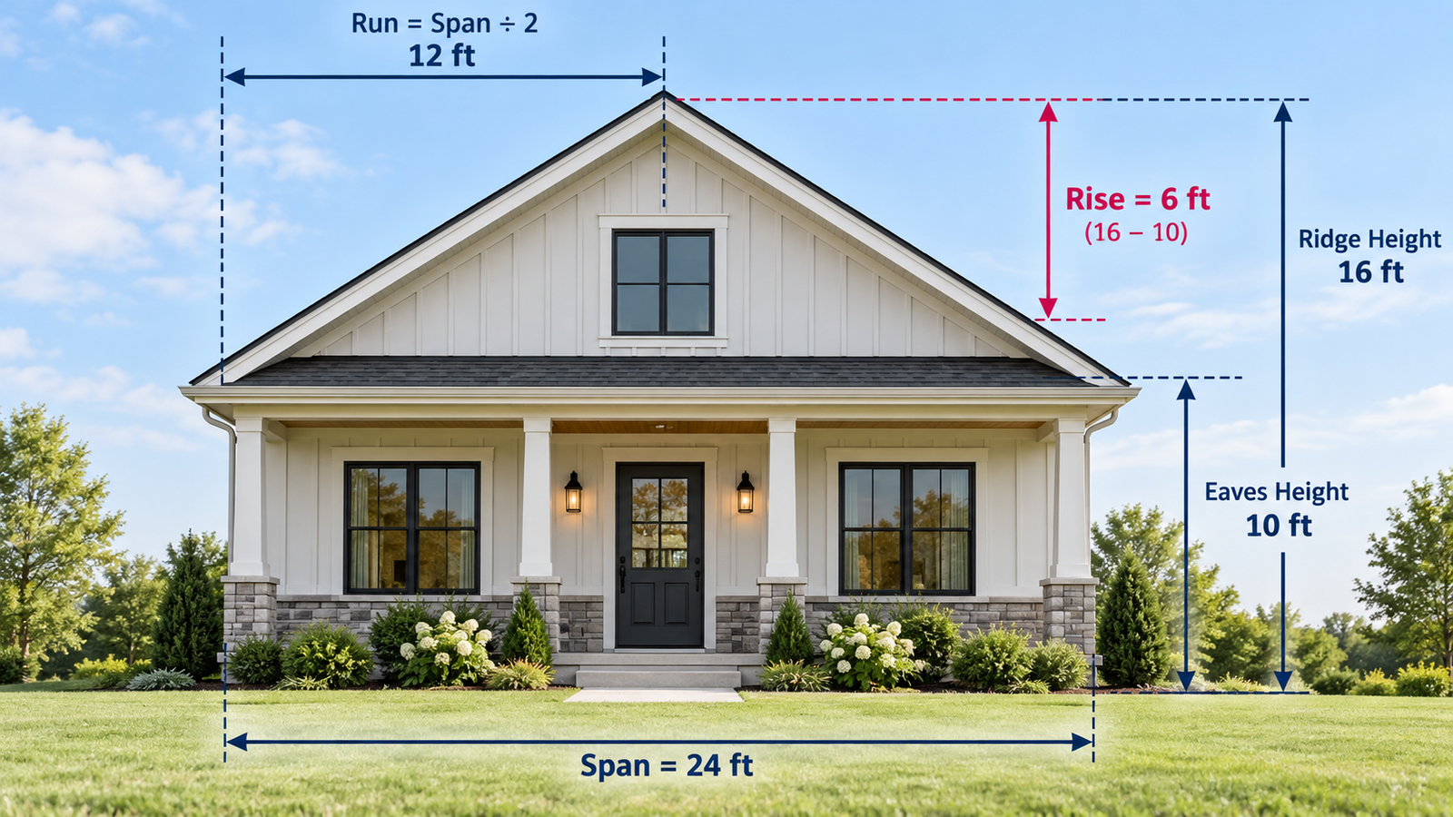 Gable roof showing full building span, horizontal run and vertical rise used to calculate roof pitch