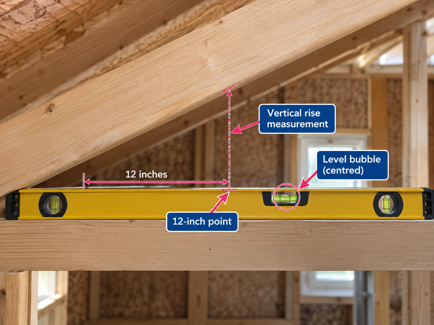 Spirit level showing the 12-inch point, vertical rise measurement and centred level bubble for measuring roof pitch