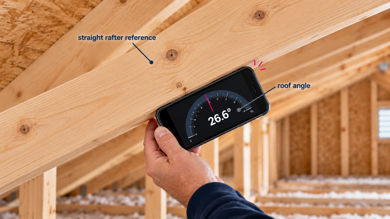 Phone inclinometer being used against a straight rafter to measure roof angle