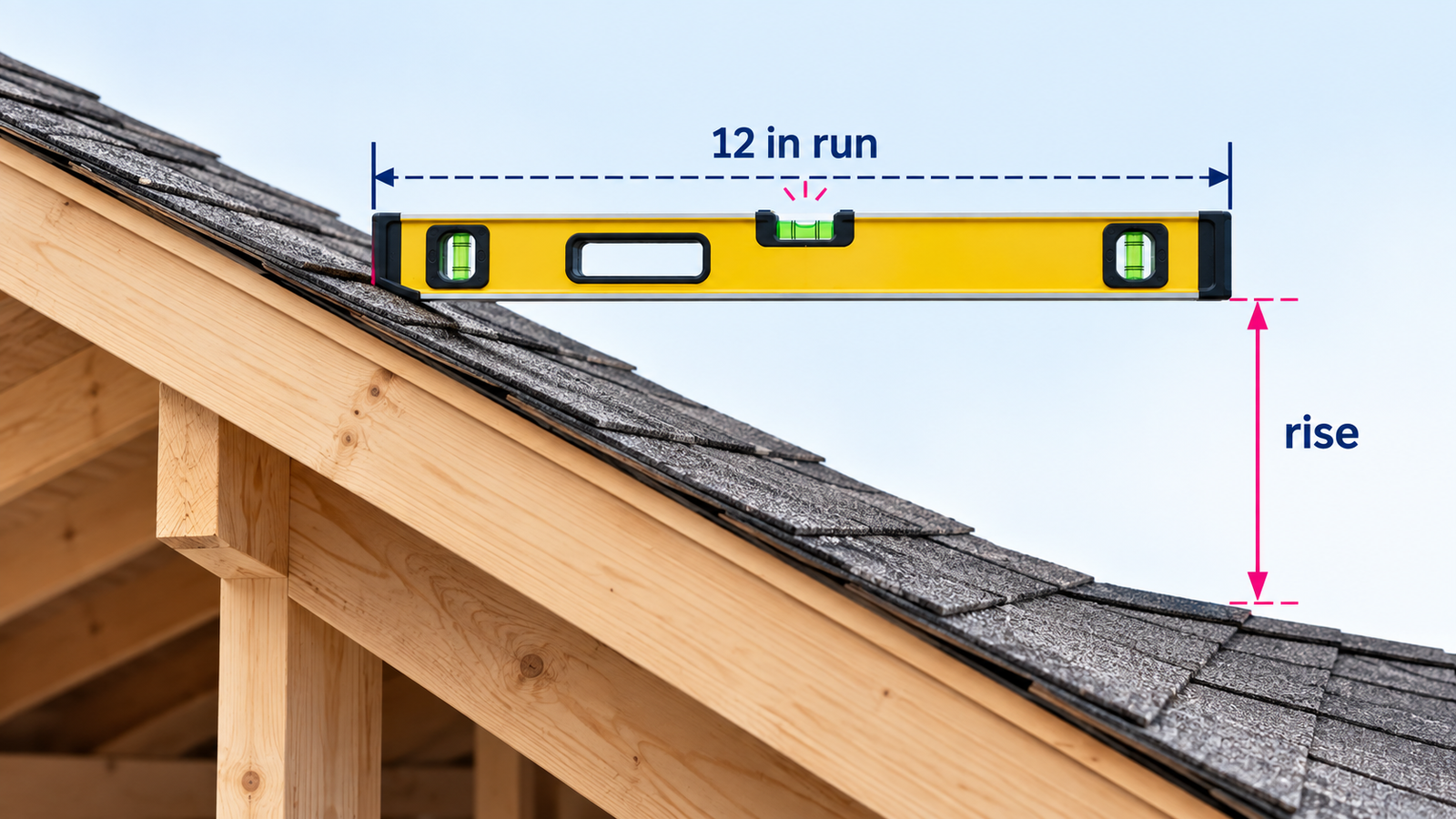 Roof surface level method showing a horizontal 12 inch run and vertical rise measurement