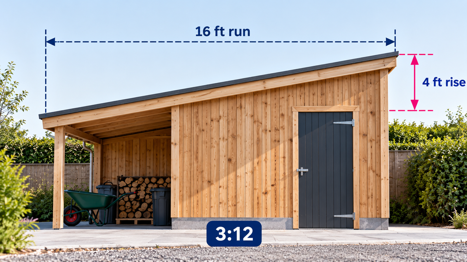 Shed roof example with 16 ft horizontal run, 4 ft rise and 3 to 12 pitch