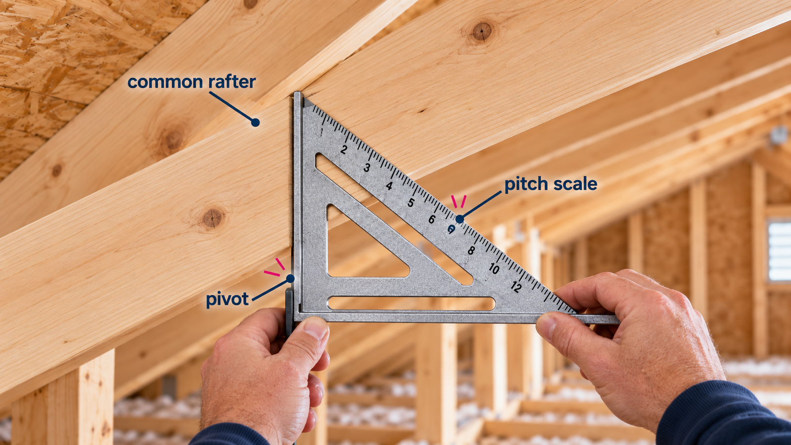 Speed square positioned against a common rafter to measure roof pitch