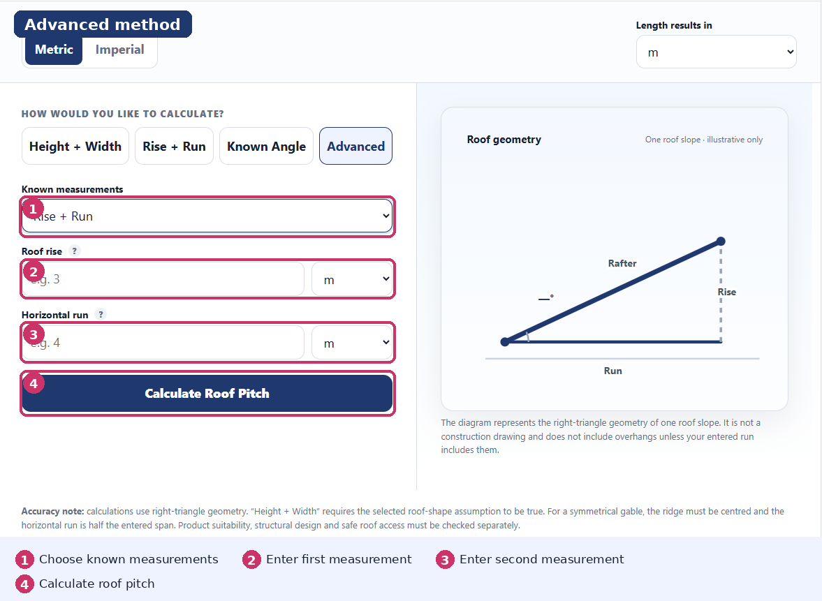 Advanced roof pitch calculator inputs