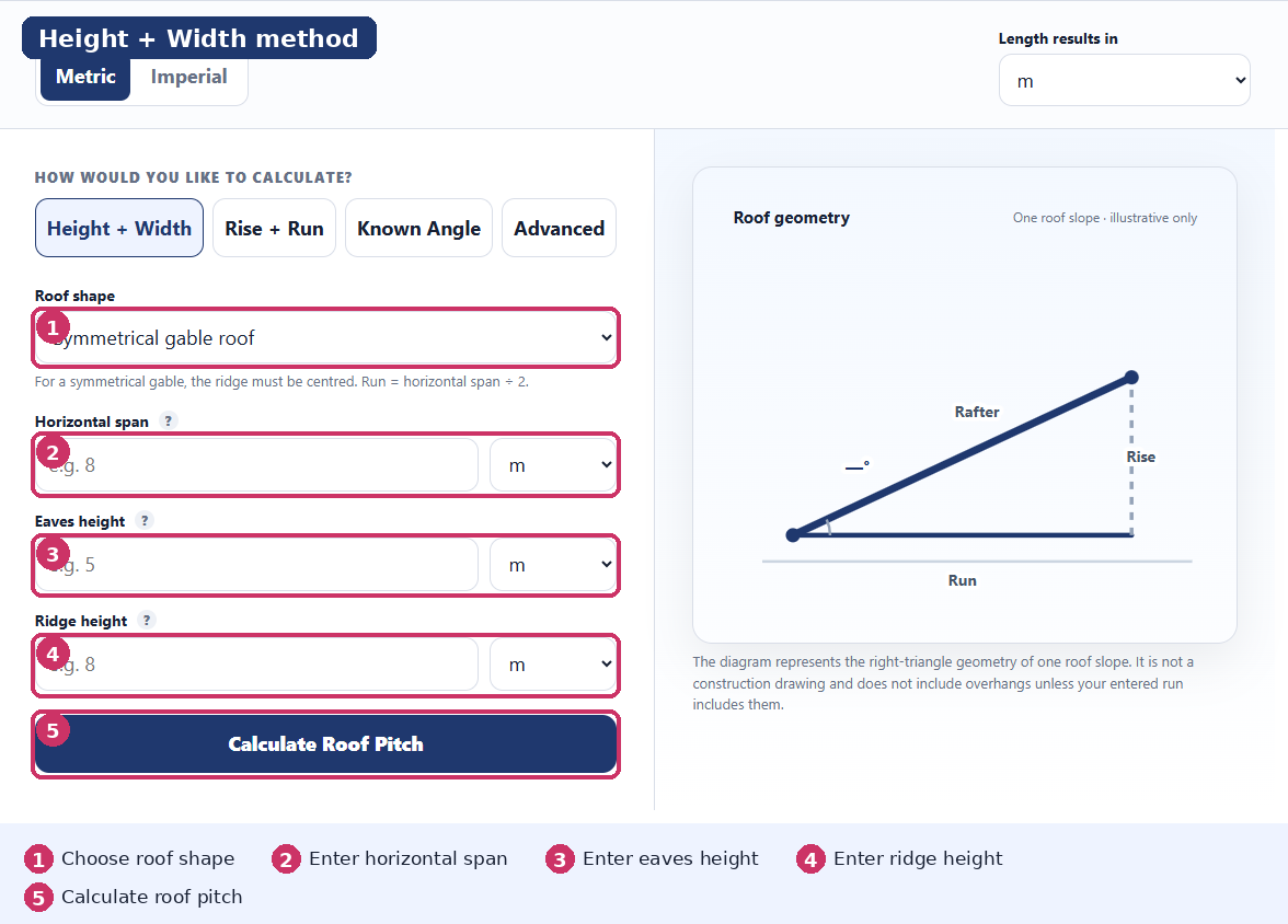 Roof height and width pitch calculator mode