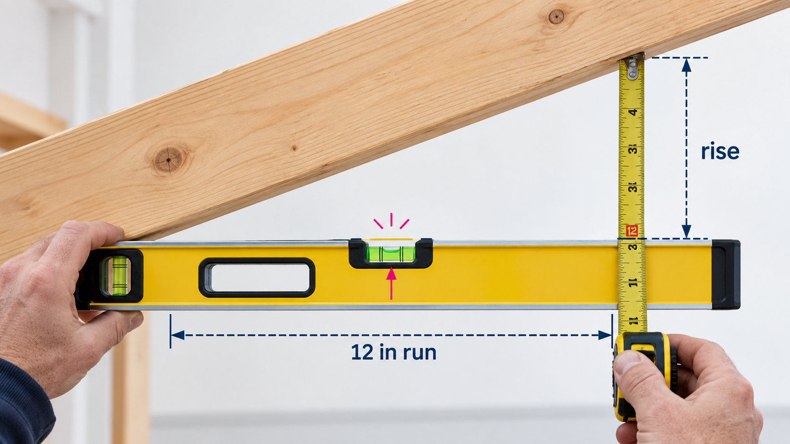 Level and tape measure showing a 12 inch horizontal run and vertical roof rise measurement