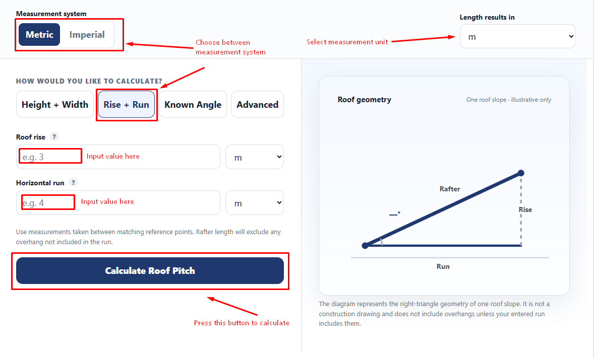 Rise and run roof pitch calculator inputs